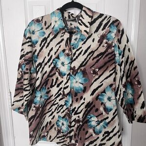 Chico’s Additions Blue Floral Animal mixed Print Women's Top 100% linen size 2